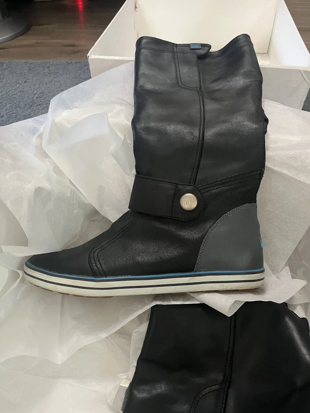 Nike Black Over-the-Knee Leather Boots with Gray Heel and Blue Trim